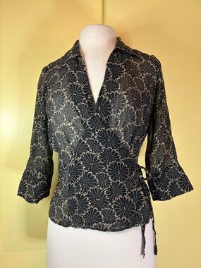 Johnny Was Black Floral Wrap Blouse. Silk.